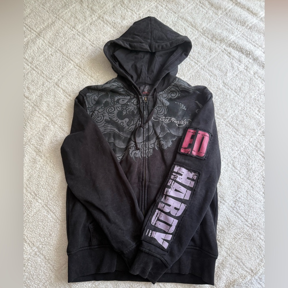 Ed Hardy Charcoal and Pink Graphic Hoodie
